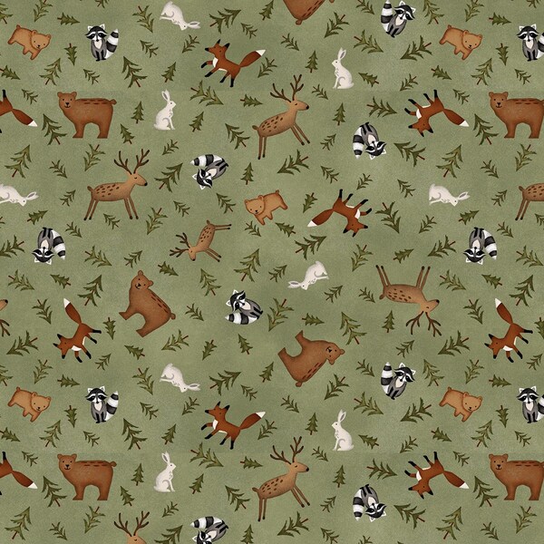 EOB~Henry Glass~The Mountains are Calling Flannel~Animal Toss~Green~Printed Cotton Flannel Fabric by the Yard or Select Length 3132F-66