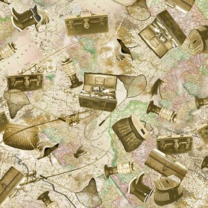 May include: A vintage map pattern fabric with a repeating design of fishing gear, including fishing rods, nets, tackle boxes, and lanterns. The fabric is in shades of brown and beige.