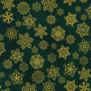 EOB~Kaufman-Holiday Flourish Snow Flower-Snowflakes w/ Metallic Gold-Evergreen-Cotton Fabric by the Yard or Select Length SRKM21603224
