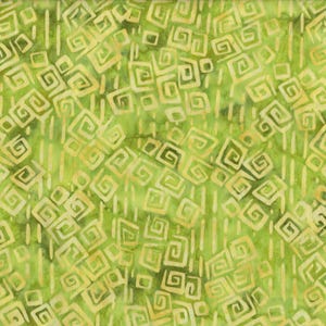 May include: A lime green fabric featuring a repeating batik pattern of light yellow square spirals and short vertical dashes. The textile displays a mottled, hand-dyed appearance with varying shades of green creating a textured visual effect.