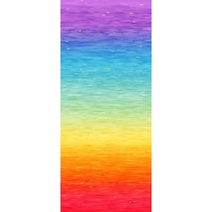 May include: A vertical rectangular fabric panel featuring a vibrant rainbow gradient that transitions from deep purple at the top through blue, teal, green, yellow, and orange, ending in a bright red at the bottom with small gold flecks.