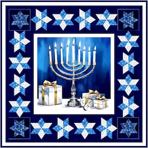 May include: A square image featuring a menorah with lit candles, gifts, and dreidels. The menorah is silver, and the gifts are wrapped in white paper with gold bows. The border is dark blue with blue and white star patterns.