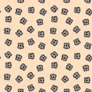 Puede incluir: Un patrón repetido de señales negras de la Ruta 66 y la Ruta 99 sobre un fondo beige. Las señales tienen forma de escudo con el número de la ruta en un óvalo blanco y la palabra "ROUTE" arriba.