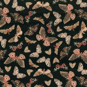 May include: A dark green fabric with a repeating pattern of various moths. The moths are in shades of brown, tan, pink, and white, with detailed wing patterns. The design creates a busy, yet elegant, overall aesthetic.