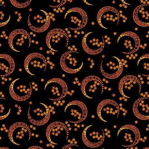 May include: A repeating pattern on a black background features crescent moons with floral accents. The moons are orange and yellow with intricate designs, and the flowers are small and orange. This design is suitable for fabric or wallpaper.