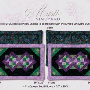 May include: Set of two queen-sized pillow shams in a purple, green, and black geometric pattern. The back of the shams features a dark floral print. The shams are 36 inches by 26 inches and fit queen-sized bed pillows.
