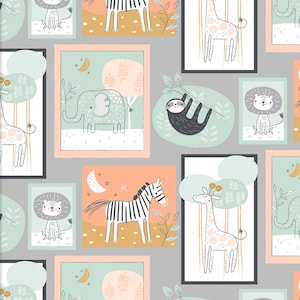 Könnte beinhalten: Ein grauer Hintergrund mit einem sich wiederholenden Muster aus gerahmten Tierillustrationen. Die Rahmen sind in Rosatönen und Pfirsichtönen gehalten. Die Illustrationen zeigen ein Zebra, eine Giraffe, einen Elefanten, einen Löwen und ein Faultier. Die Illustrationen sind im Cartoon-Stil gehalten und wirken verspielt.