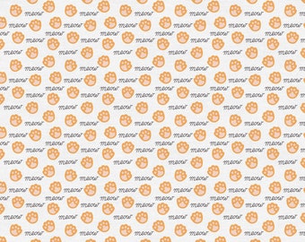 May include: A white background with a repeating pattern of orange paw prints and the word "meow" written in cursive.