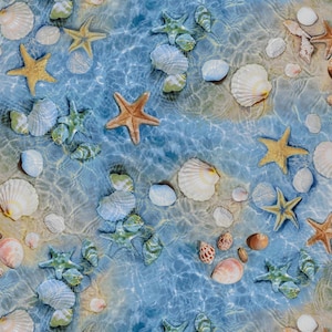 May include: A seamless pattern featuring a beach scene with seashells and starfish. The image showcases various seashells, including white scallop shells and smaller, patterned shells. Starfish in shades of orange and green are scattered across the sandy seabed, with a blue water effect.