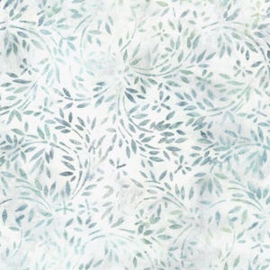 May include: A seamless pattern featuring a white background with a repeating design of blue and green leafy branches. The branches are stylised and have a watercolour effect.