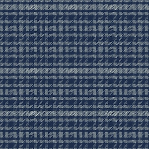 May include: A repeating pattern of a dark blue background with a white and light blue plaid design. The plaid pattern is made up of horizontal and vertical lines, creating a grid-like appearance. The lines have a textured, slightly distressed look.