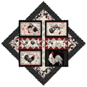 May include: A black and white quilt with a diamond pattern. The quilt features a variety of rooster and hen images, with some of the images in a floral frame. The quilt is made with a variety of fabrics, including black, white, red, and cream.