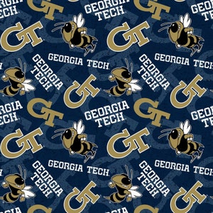 Sykel Enterprises~College Cottons~NCAA Georgia Tech Yellow Jackets~Azul marino/dorado~Tela de algodón cortada a medida o con largo a elegir GT-1178