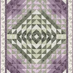 May include: A quilted blanket with a geometric diamond pattern in shades of purple, lavender, and green. The design features a central diamond shape surrounded by triangular blocks. The border has a floral pattern.