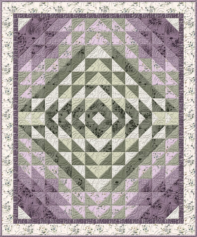 May include: A quilted blanket with a geometric diamond pattern in shades of purple, lavender, and green. The design features a central diamond shape surrounded by triangular blocks. The border has a floral pattern.