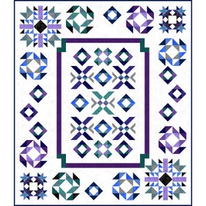 May include: A quilt pattern with a variety of geometric shapes in shades of blue, purple, and green. The quilt is made up of squares, diamonds, and triangles. The center of the quilt features a larger square with a more intricate design.
