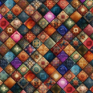 May include: A vibrant, colorful pattern composed of numerous square tiles. Each tile features intricate floral and geometric designs in shades of red, orange, blue, green, purple, and gold. The overall effect is a rich, textured mosaic.
