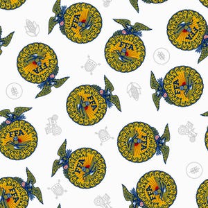May include: A repeating pattern on a white background features the FFA emblem. The emblem is a gold circle with the words "FFA AGRICULTURAL EDUCATION" and a blue eagle. The design includes agricultural icons.