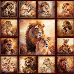 May include: A fabric panel featuring multiple square images of lions and lionesses with their cubs. The images are in shades of brown, tan, and gold, with a decorative border. The lions are depicted in various poses.