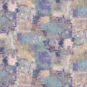 Könnte beinhalten: Abstrakter Kunstdruck mit einer Collage aus überlappenden Formen und Texturen. Die Farbpalette umfasst Schattierungen von Blau, Lila, Beige und Weiß, wodurch ein geschichteter und strukturierter Effekt entsteht. Das Kunstwerk hat ein Vintage-Aussehen.