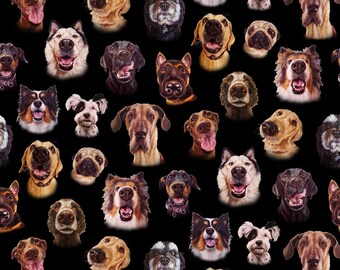 Elizabeths Studio Follow Your Nose Dog Faces Digital Black Cotton Fabric by the Yard or Select Length 41003E-BLACK