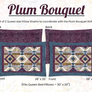 May include: Two queen-sized pillow shams with a geometric pattern in shades of brown, blue, and white. The back of each sham is a solid purple fabric. The shams are 38 inches by 26 inches and fit queen-sized bed pillows.