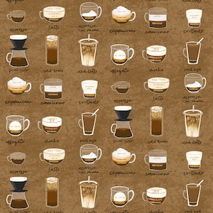Tesoros atemporales ~ Prepárelo ~ Menú de cafetería ~ Moca ~ Tela de algodón cortada a medida o largo seleccionado CD2558-MOCHA