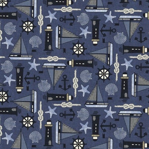 May include: A seamless pattern featuring nautical themed illustrations on a blue background. The pattern includes lighthouses, sailboats, anchors, starfish, seashells, and ship's wheels.