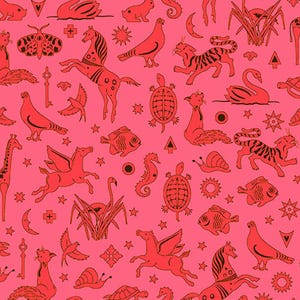 May include: A pink background with a repeating pattern of various animals and objects, including a swan, a horse, a tiger, a fish, a turtle, a seahorse, a snail, a bird, a key, a star, a crescent moon, and a flamingo. The pattern is in orange and black.