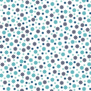 May include: A seamless pattern with a white background and a repeating design of teal and navy blue star-shaped flowers.