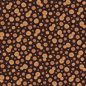 May include: A seamless pattern of swirling, golden brown circles on a dark brown background.