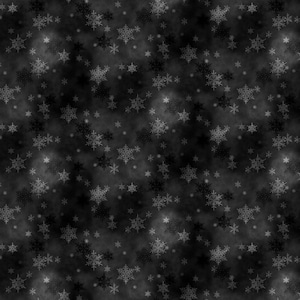May include: A seamless pattern featuring a dark gray background with a subtle, cloudy texture. The design is filled with various sizes of white and light gray snowflakes, creating a wintery or holiday theme.