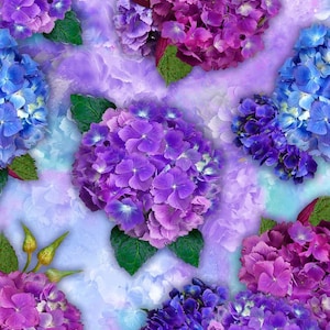 May include: A seamless pattern featuring vibrant purple, blue, and pink hydrangea flowers against a soft, watercolor-like background.