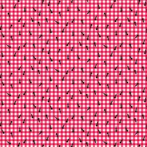 Puede incluir: Un patrón de cuadros rojos y blancos con hormigas negras dispersas por toda la superficie.