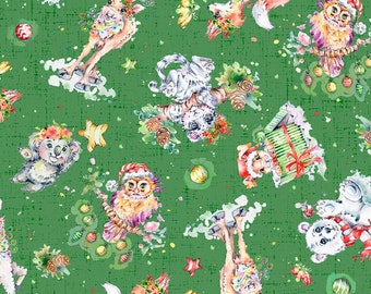 Tela de algodón verde con estampado de personajes navideños Little Darlings de P&B Textiles, cortada a medida o con longitud seleccionada LDCH5377-G
