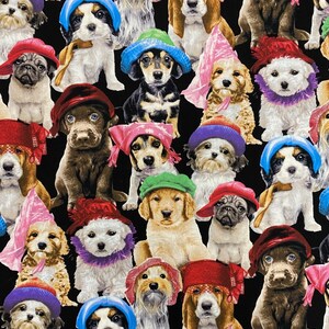 Elizabeths Studio~Adorable Pets~Puppies in Hats~Black~Cotton Fabric by the Yard or Select Length 3801E-BLACK