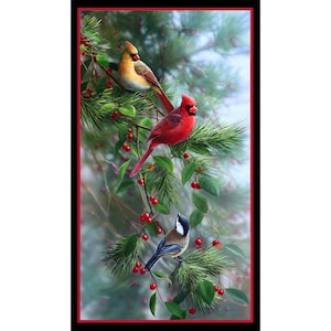 Puede incluir: Una imagen vibrante de tres p&aacute;jaros posados en una rama de pino con bayas rojas. Los p&aacute;jaros incluyen un cardenal rojo, un cardenal beige y un p&aacute;jaro peque&ntilde;o con la cabeza negra y blanca. La obra de arte est&aacute; enmarcada con un borde negro y un borde interior rojo.