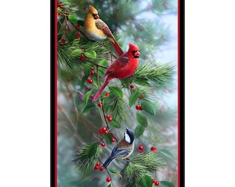 Elizabeths Studio Birds and Berries 24" x 43.5" Cardinal Birds Panel Black Cotton Fabric by the Panel 40003E-BLACK