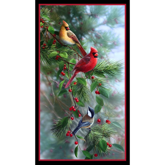 Elizabeths Studio Birds and Berries 24" x 43.5" Cardinal Birds Panel Black Cotton Fabric by the Panel 40003E-BLACK