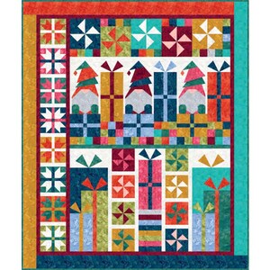 May include: A colorful Christmas quilt featuring gnomes and gift boxes. The quilt has a teal border and a gold inner border. The design includes gnomes wearing hats, gift boxes, and pinwheel patterns in various colors like red, green, and blue.