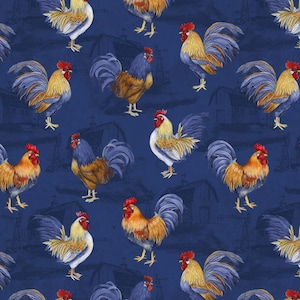 Wilmington Prints~Morning Serenade~Roosters Allover~Blue~Cotton Fabric by the Yard or Select Length 39864-443