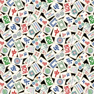 May include: A black background with a pattern of white mahjong tiles. The tiles have various symbols and numbers, including the word "JOKER".