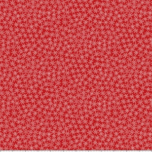 May include: Red fabric with a white floral pattern. The fabric is covered in small white flowers.