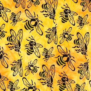 May include: A repeating pattern of black and yellow bees on a yellow and orange background. The bees are stylized with black outlines and yellow and black striped abdomens. The background has a watercolour effect.