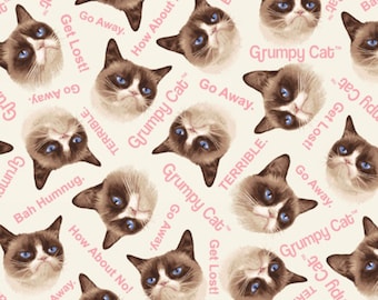 Marcus Bros - Grumpy Cat Cotton - Grumpy Cat Allover - Cream - Fabric by the Yard 9722-0126