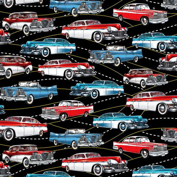 Blank Quilting~Lifes a Kick~Classic Cars~Black~Cotton Fabric by the Yard or Select Length 1656-99