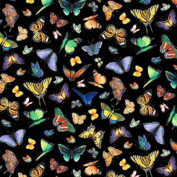 Elizabeths Studio~Delicate Creation~Butterflies~Black~Cotton Fabric by the Yard or Select Length 34003E-BLACK