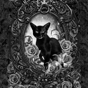 Timeless Treasures~Wicked~23.75" Cat Floral Portrait Panel~Black~Cotton Fabric by the Panel CD2097-BLACK