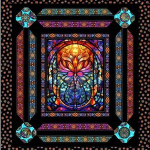 May include: A colorful stained glass window with a butterfly design framed by a black background with intricate patterns.