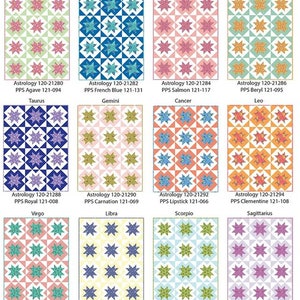 May include: A colorful chart showing the 12 signs of the zodiac with their corresponding astrological symbols and color palettes. Each sign is represented by a square with a repeating pattern of stars and a different color scheme. The chart includes the names of each sign and the corresponding color names.